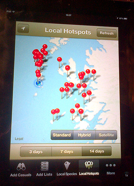 Screenshot of the iPhone/iPad BirdTrack app showing the local hotspots that birds have been reported from.